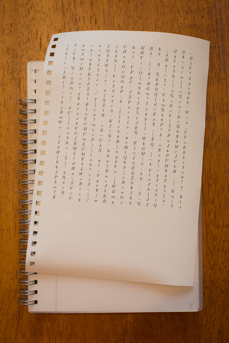 Notebook page with grid of random characters