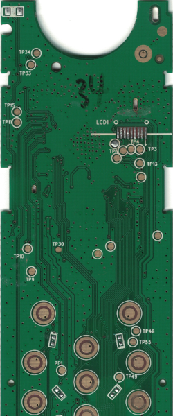 Scan of a green PCB with components stripped off